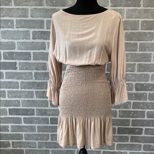 Grade & Gather Smocked Chic Beige Women's Mini Dress Size Medium